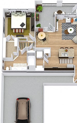 Angelina With Attached Garage 3D Angelina With Attached Garage 3D. 1 bedroom apartment. Kitchen with island open to living/dinning rooms. 1 full bathroom with double vanity. Walk-in closet. Patio/balcony.